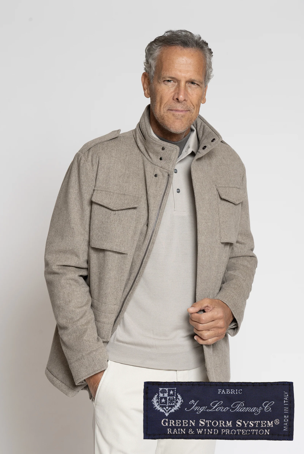 Filed Jacket in Loro Piana Storm System Fabric color light Beige-Grey  Melange
