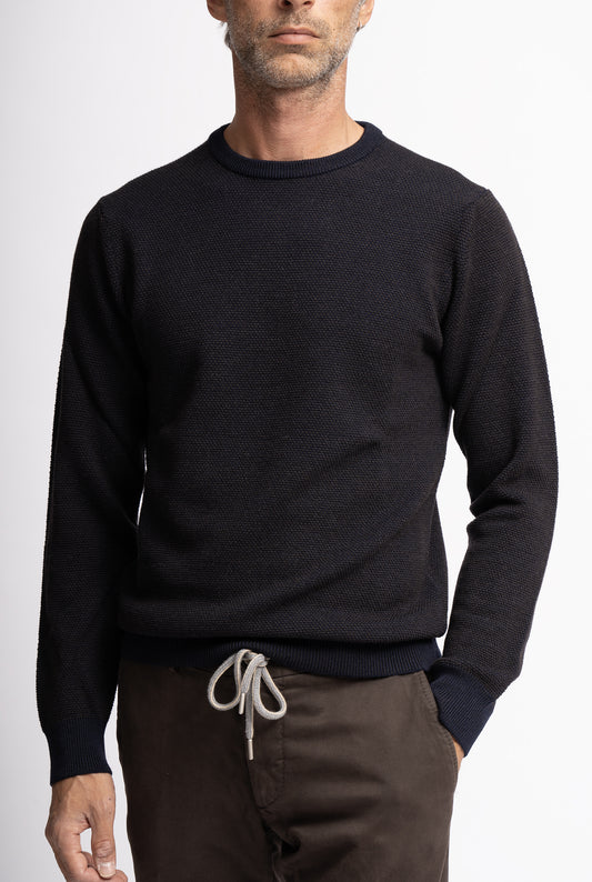 Pullover mit Rundhalsausschnitt aus blaubrauner, extrafeiner Wolle mit Mikromuster