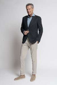 Dark Blue Micro-Effect Cotton and Linen Blazer