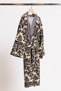 Kimono in Tessuto Broccato Beige e Nero