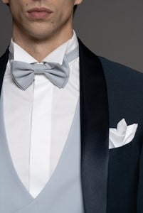 Tuxedo in super fine wool and mohair fabric in petrol blue, shawl lapel in midnight blue satin.