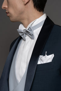 Tuxedo in super fine wool and mohair fabric in petrol blue, shawl lapel in midnight blue satin.