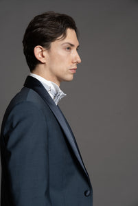 Tuxedo in super fine wool and mohair fabric in petrol blue, shawl lapel in midnight blue satin.