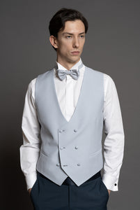 Tuxedo in super fine wool and mohair fabric in petrol blue, shawl lapel in midnight blue satin.