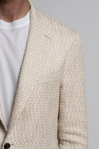 Blazer Due Bottoni in Bouclé Bianco e Beige