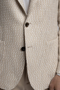 Blazer Due Bottoni in Bouclé Bianco e Beige