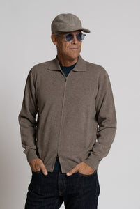 Cardigan in Misto Cashmere con Zip frontale, Beige Scuro Melange