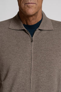 Cardigan in Misto Cashmere con Zip frontale, Beige Scuro Melange