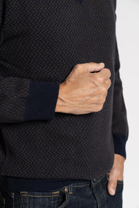 Maglia Scollo a V in Lana Merino Micrografica Geometrica, Navy e Marrone