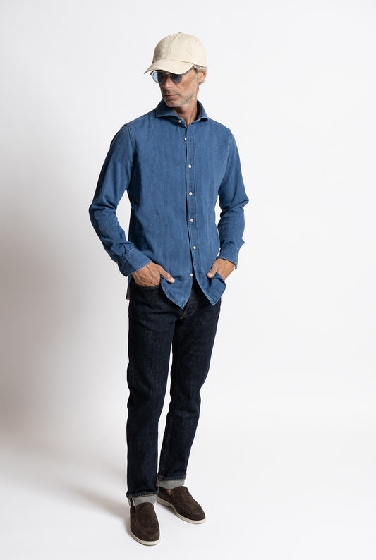 Camicia Bolzonella in denim pesante Blu Micro-Spiga
