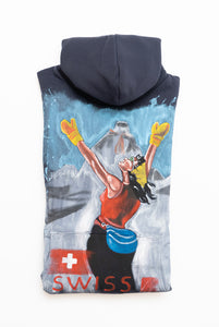 Blaues handgemaltes Kapuzen-Sweatshirt Fantasy Schweizer Skifahrer