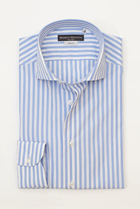 Slim Fit Wide Striped Light Blue Semi-French Collar Shirt
