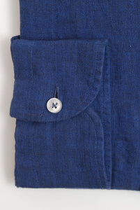 Camicia Slim Fit Lino Blu Collo Semi Francese