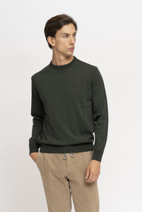 Pullover mit Rundhalsausschnitt aus melierter grüner Merinowolle
