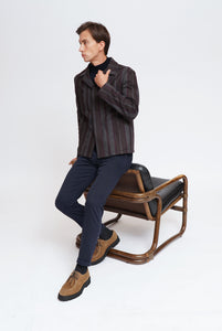 Unlined Jacket in Bordeaux and Gray Striped Woolen cloth
