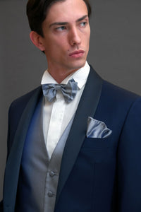 Gilet monopetto in seta jacquard piquet perla e blu