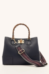 Betty leather bag with dark blue bamboo handles