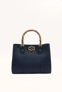 Betty leather bag with dark blue bamboo handles